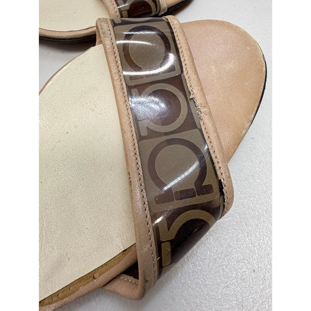 Salvatore Ferragamo Gancini Logo Lucite Block Heel Slide Sandals Tan 9.5 B
